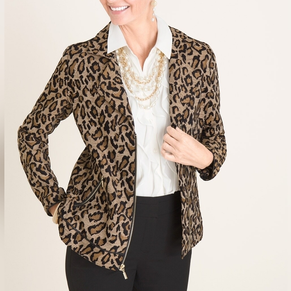 43. Chicos leopard print leather trim gold zipper US size 10-12 Moto type Jacket